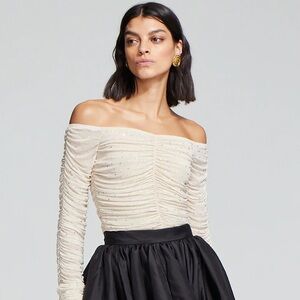 NWT CAROLINE CONSTAS nude crystal embellished off shoulder top / size XS